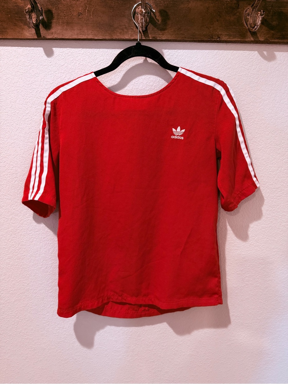 adidas Red Short-Sleeve Trefoil Tee with White Stripe